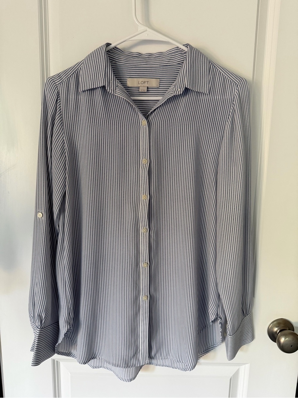 LOFT Blue and White Striped Button-Up Shirt Size XS
